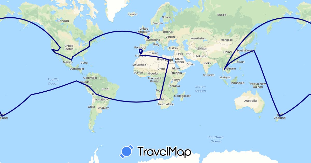 TravelMap itinerary: driving in Bolivia, Canada, Ecuador, Egypt, France, Japan, Morocco, Namibia, New Zealand, Peru, Thailand, United States, Vietnam (Africa, Asia, Europe, North America, Oceania, South America)