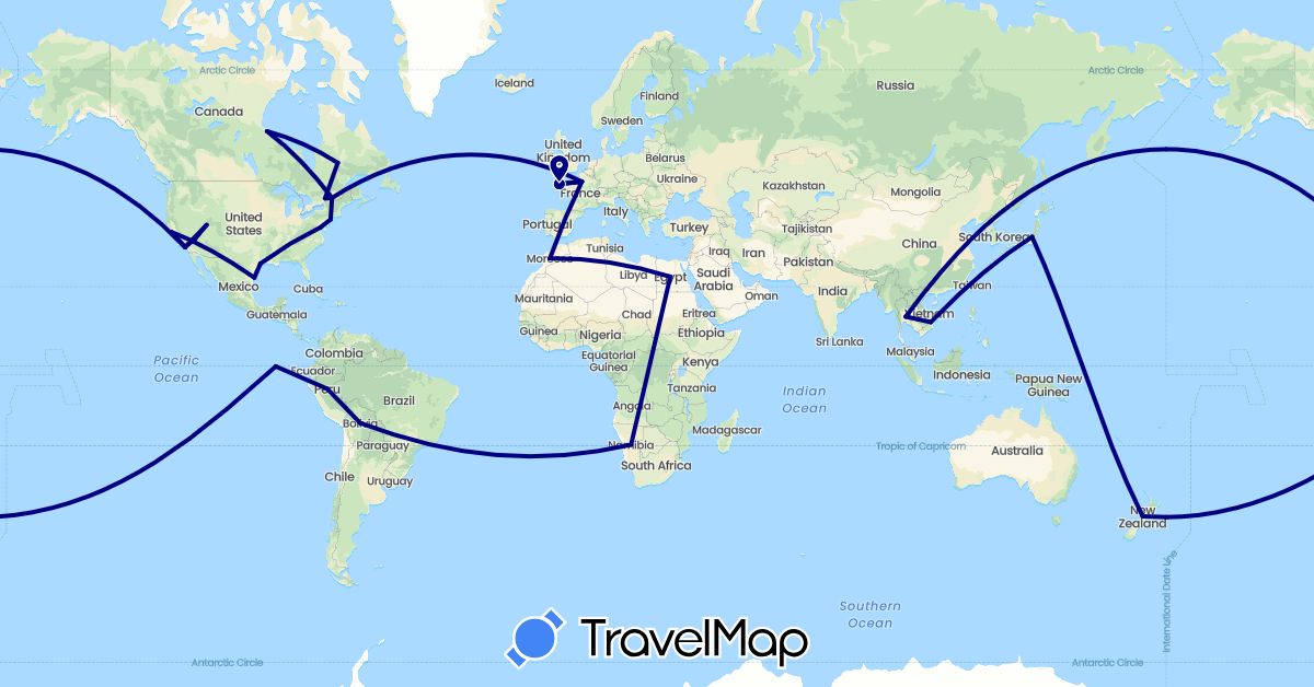 TravelMap itinerary: driving in Bolivia, Canada, Ecuador, Egypt, France, Japan, Morocco, Namibia, New Zealand, Peru, Thailand, United States, Vietnam (Africa, Asia, Europe, North America, Oceania, South America)